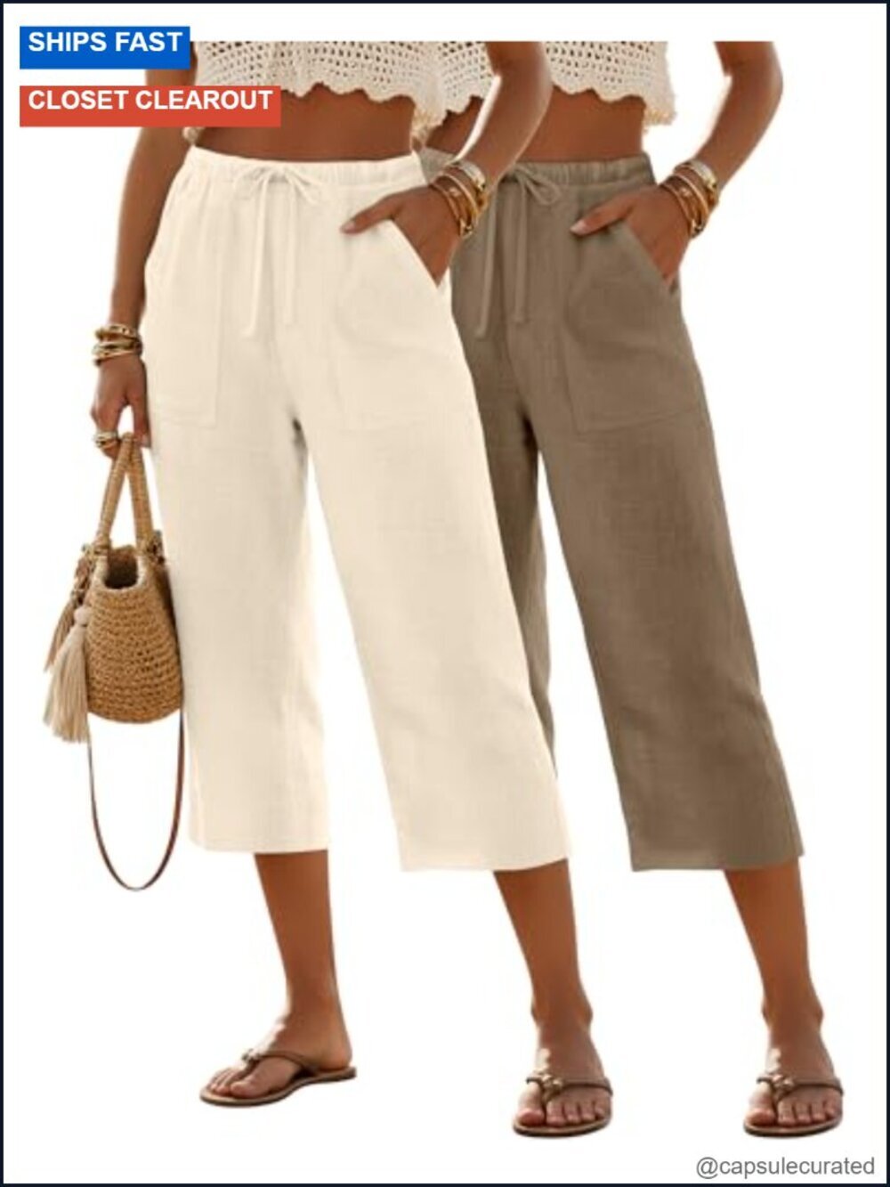 Linen Blend Women's Wide Leg Drawstring Capri Pants Lightweight Summer